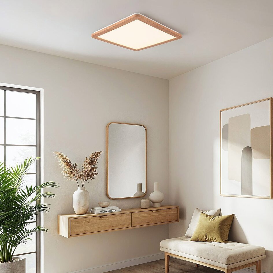 Plafonnier moderne Celeste à aspect bois, variateur à 3 niveaux