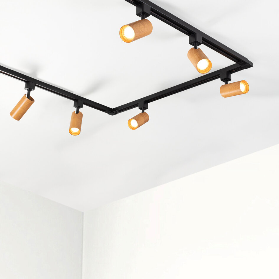 Système de rail monophasé moderne 3 mètres noir avec aspect bois acajou - Loek