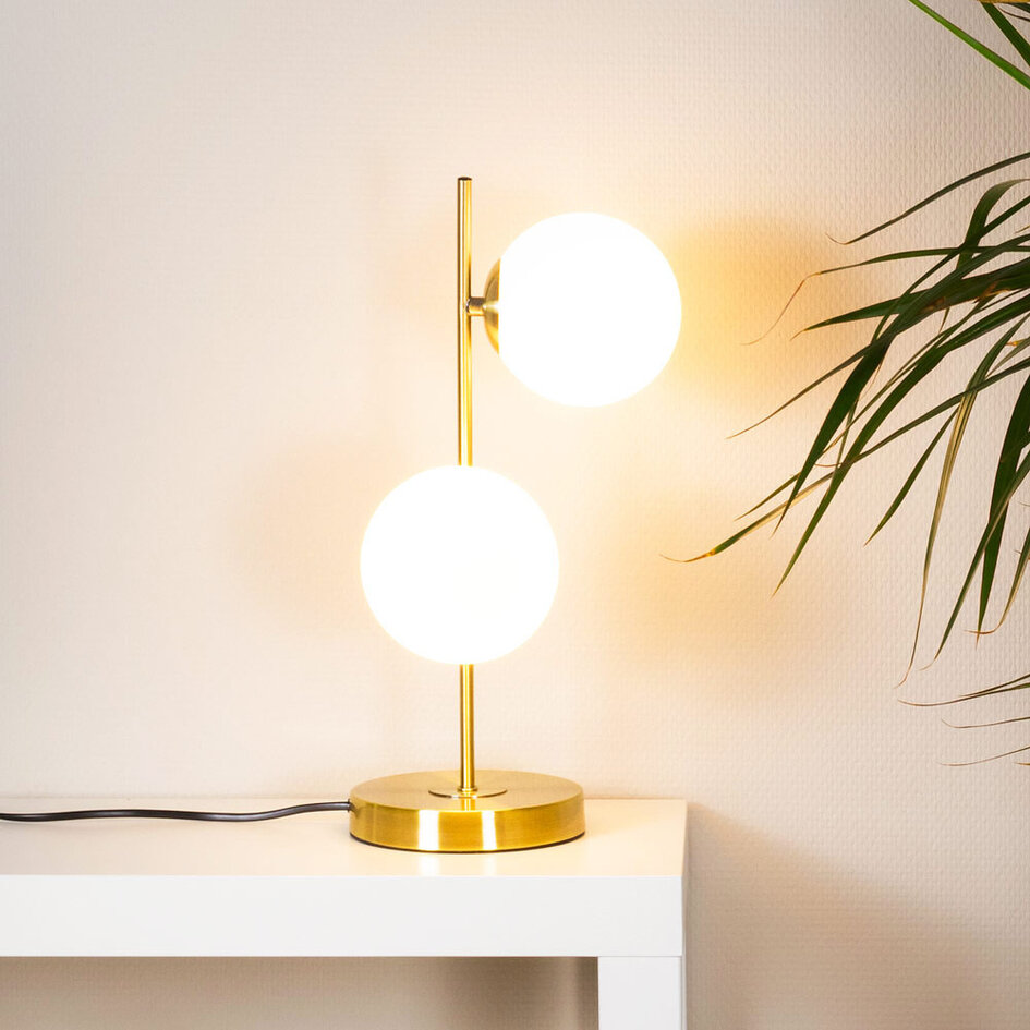 Lampe de table 2 lumières avec verre blanc et cadre bronze - Ethan
