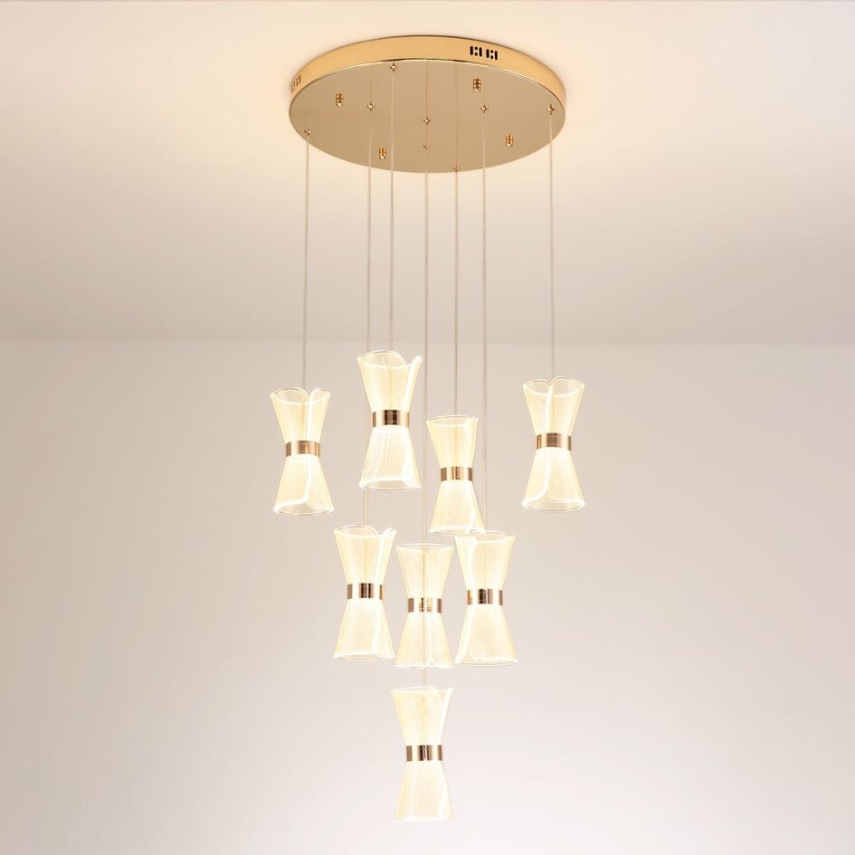 Suspension Aegea 8 lumières - pampilles blanches aux détails dorés