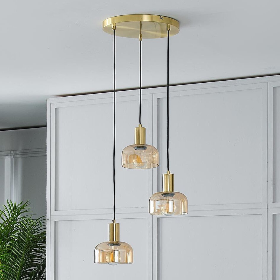 Lampe suspendue or avec verre ambré, 3 lumières - Marrom