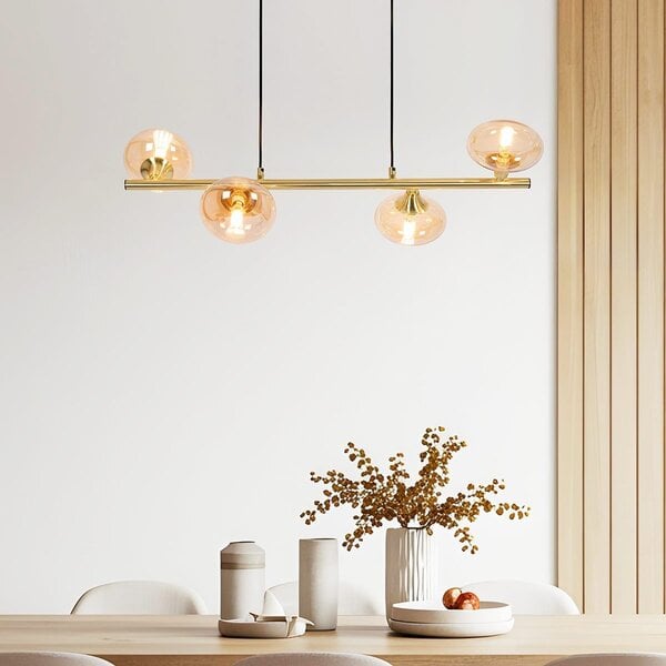 Suspension Soikea 4 lumières - doré avec globes en verre ambré