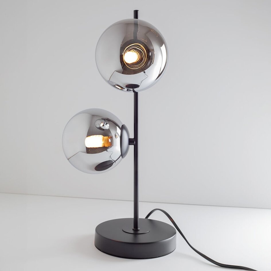 Lampe de table 2 lumières avec verre fumé avec effet miroir et cadre noir - Ethan