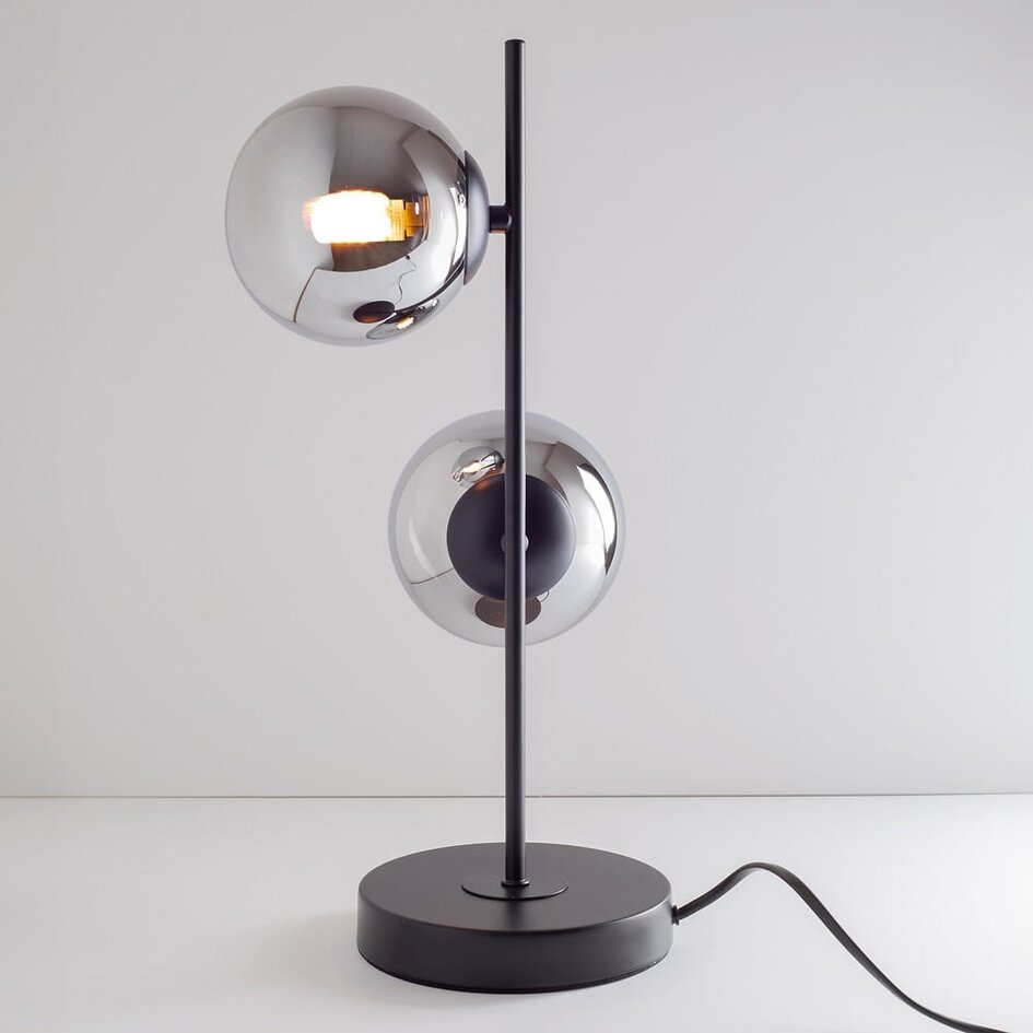Lampe de table 2 lumières avec verre fumé avec effet miroir et cadre noir - Ethan