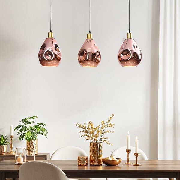 Suspension design Rick 3 lumières en verre ondulé - rosé