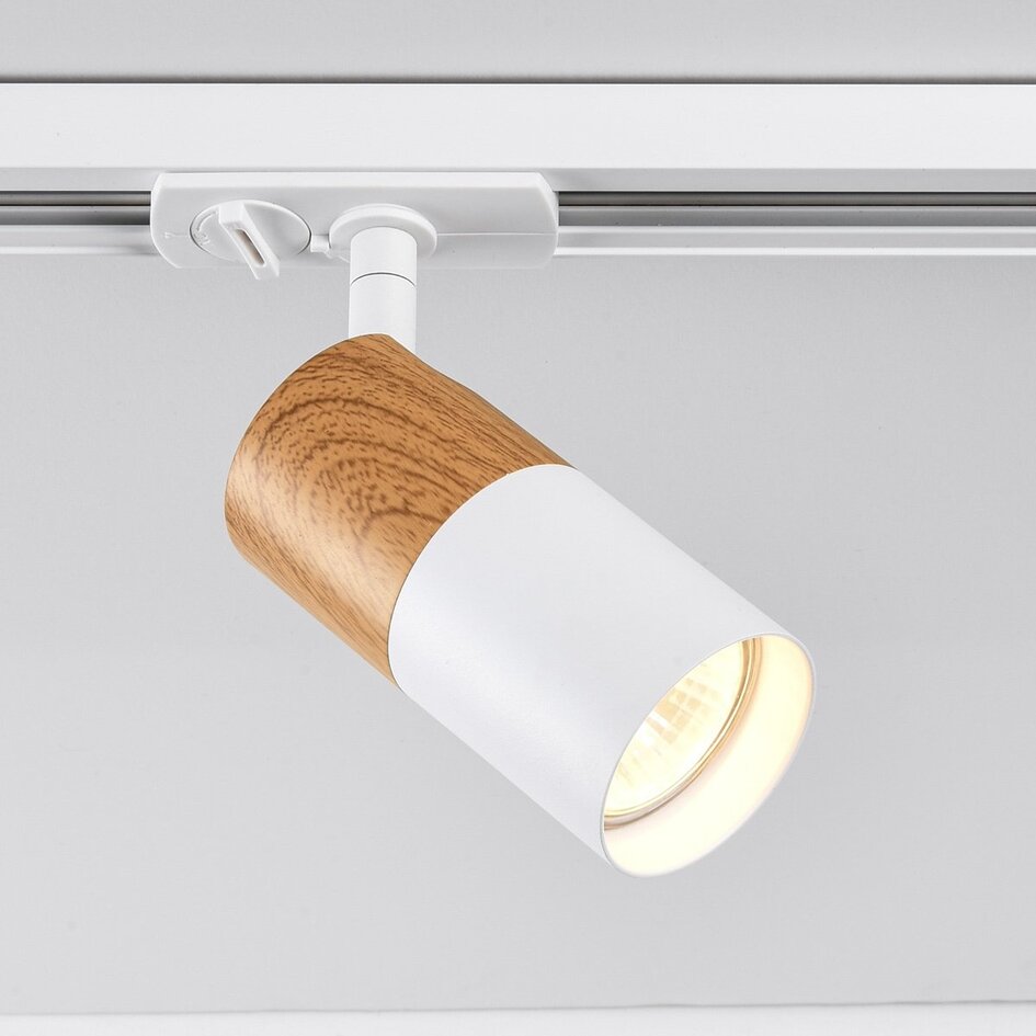 Spot sur rail monophasé blanc aspect bois acajou - Linn