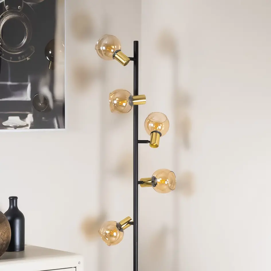 Lampadaire industriel avec 5 lumières en verre ambré - Chula