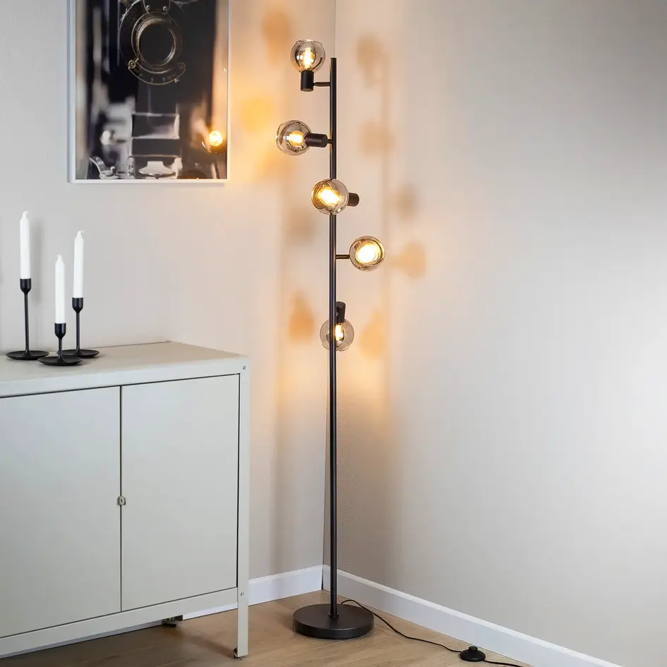 Lampadaire industriel avec 5 lumières en verre gris fumé - Lexington
