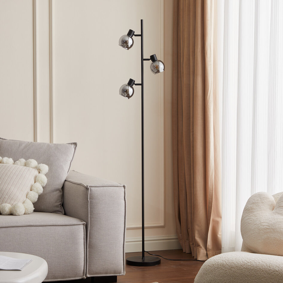 Lampadaire moderne noir mat avec verre gris fumé 3 lumières - Mesa