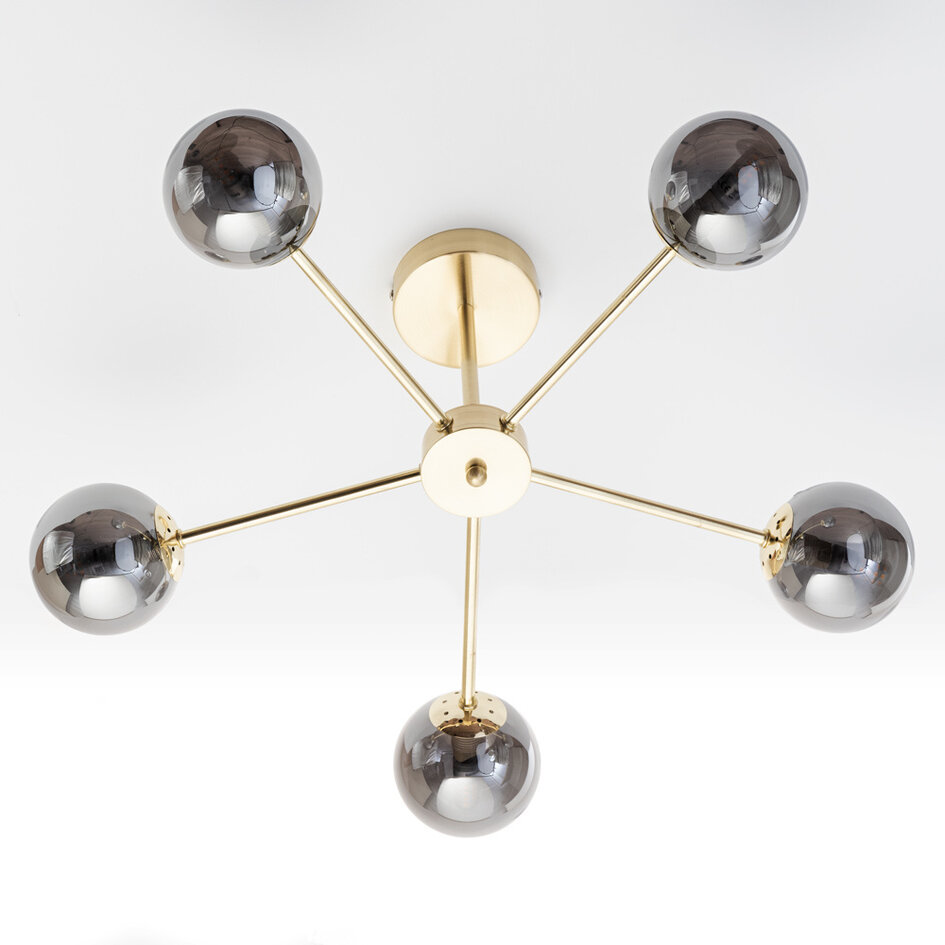 Suspension industrielle dorée avec verre gris fumé, 5 lumières - Leah