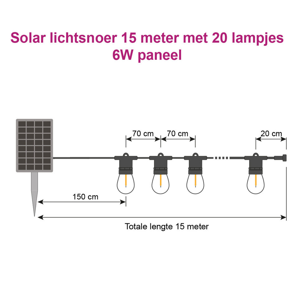 Guirlande guinguette solaire de 15 mètres avec 20 lampes, panneau solaire de 6 W