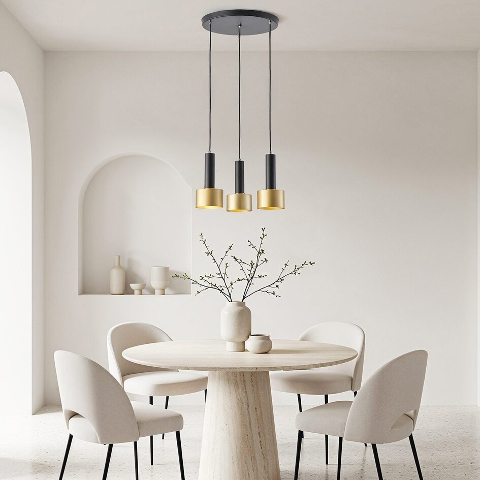 Suspension moderne Chantal 3 lumières, noir mat et doré