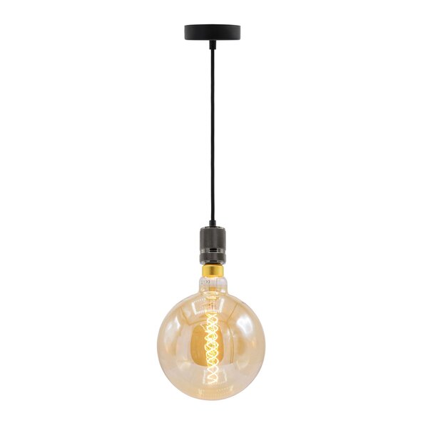 Suspension à cordon industrielle noir brillant incl. ampoule XXXL 8,5W à 10W, verre ambré, 2000 K, Ø200 mm