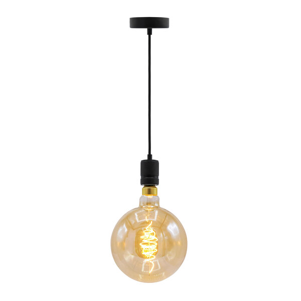 Suspension industrielle en cordon noir mat avec lampe XXXL 8,5W à 10W, verre ambré, 2000K, Ø200
