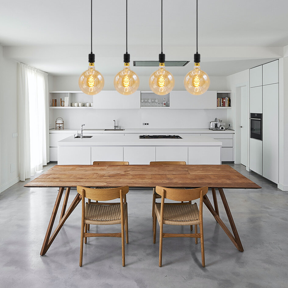 Suspension industrielle en cordon noir mat avec lampe XXXL 8,5W à 10W, verre ambré, 2000K, Ø200