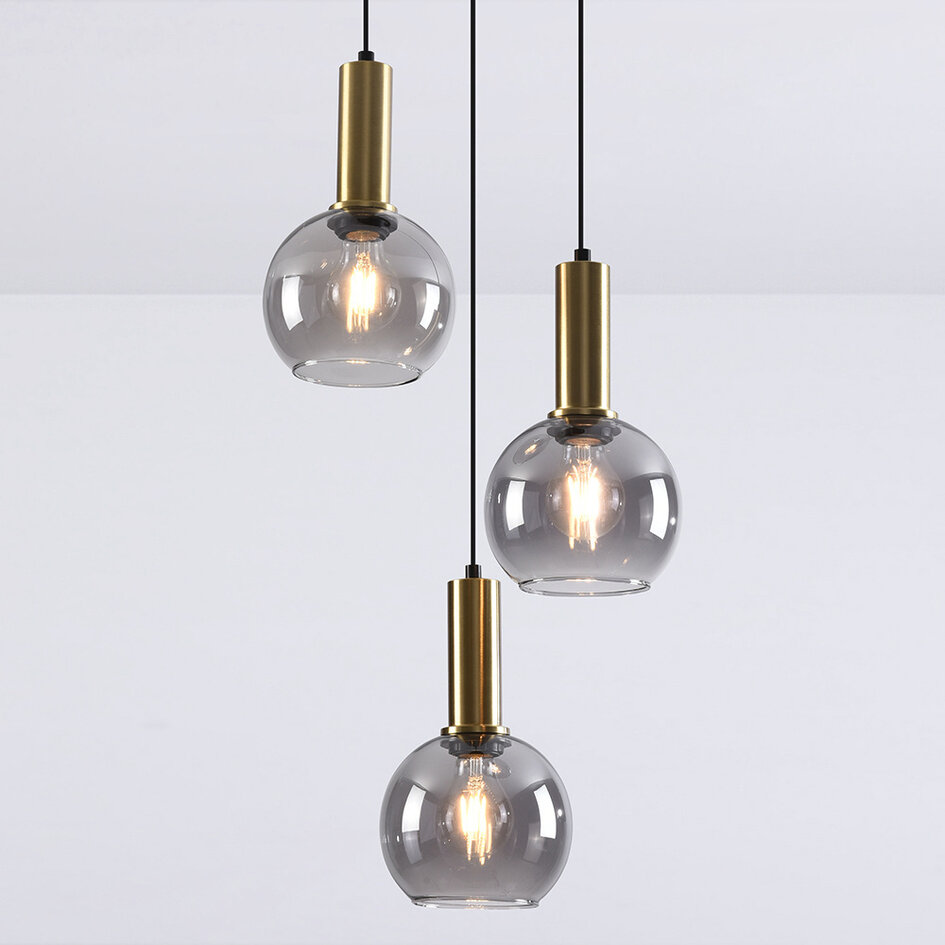 Lampe suspendue Imme avec verre fumé, 3-lumières - or
