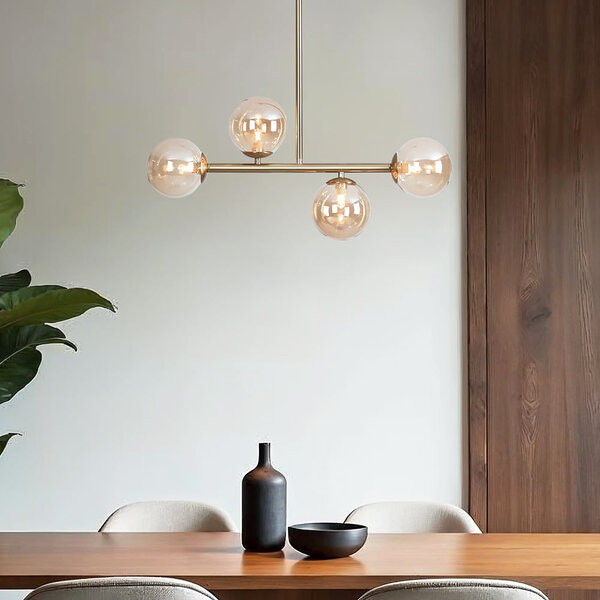 Lampe suspendue Asun avec cadre doré et globes en verre ambré