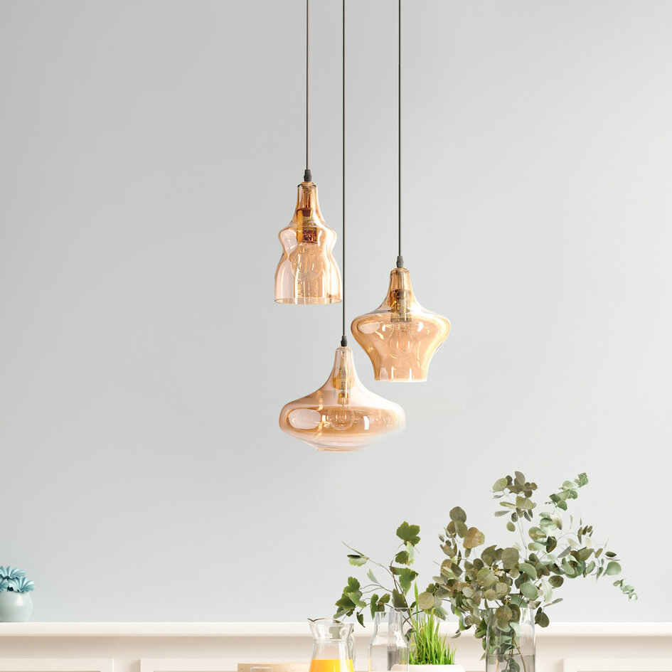 2ème chance : Lampe suspendue industrielle avec verre ambré 3 lumières - Trinidad