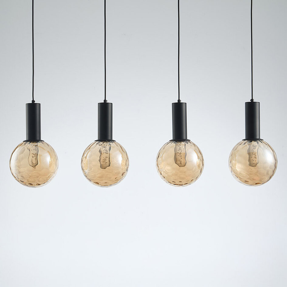 Lampe suspendue noire à 4 lumières avec verre ambré - Anglia