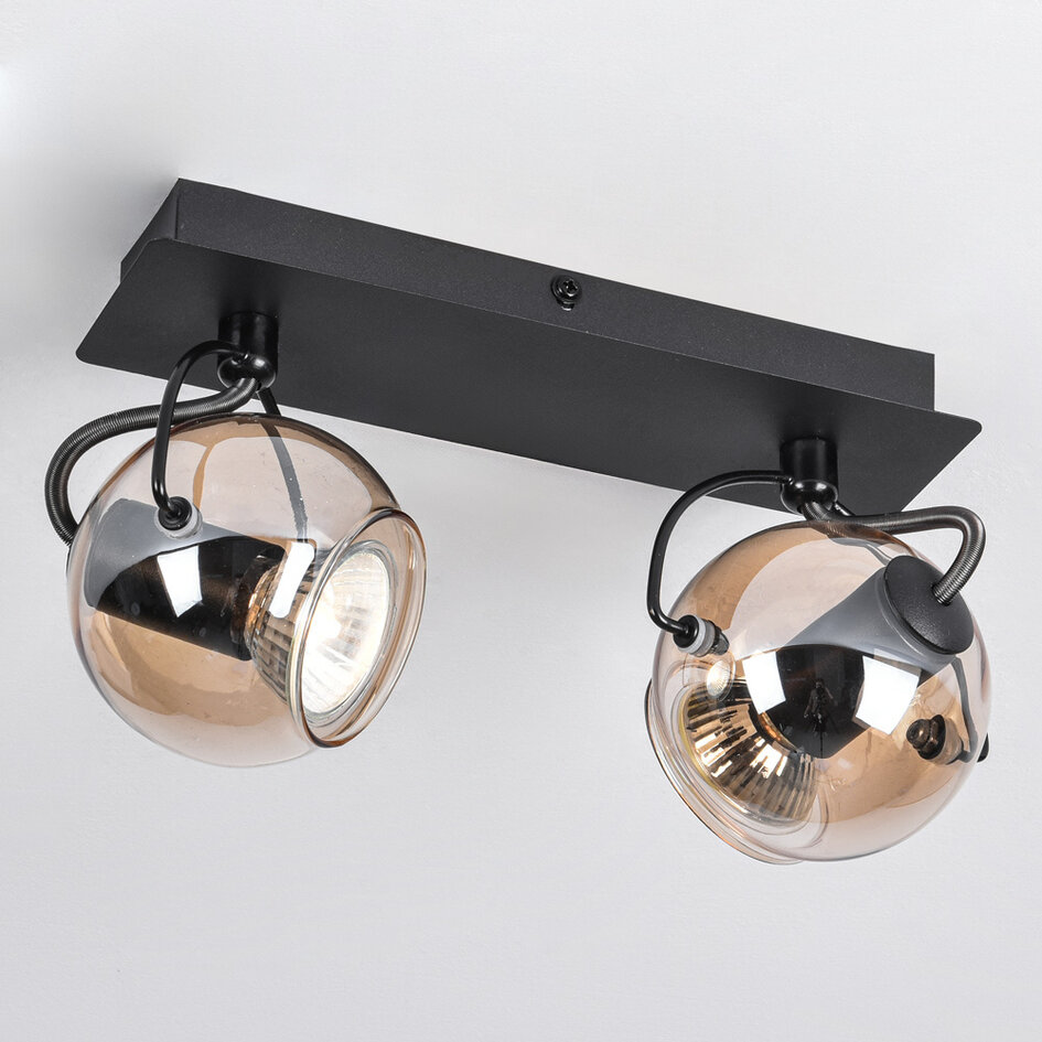 Plafonnier moderne avec verre ambré et 2 spots, noir - Jari