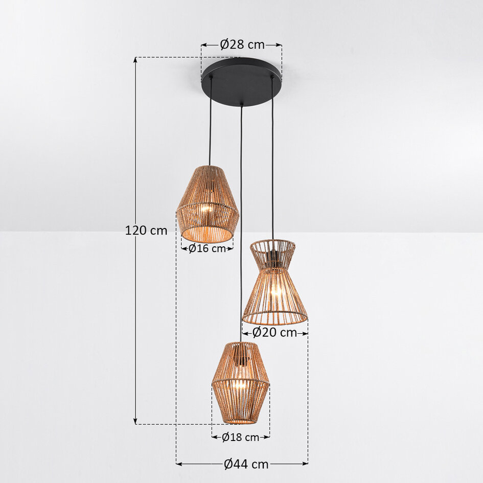 Lampe suspendue bohème avec corde tressée, 3 lumières - Tiga