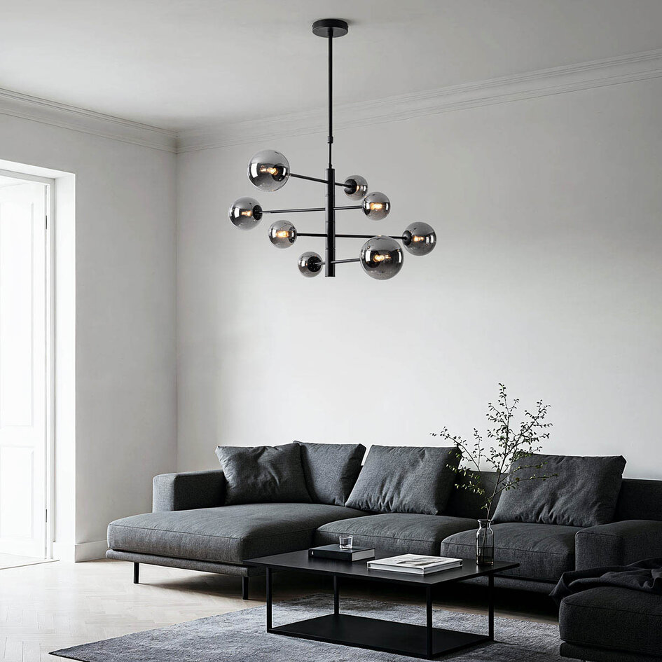 Plafonnier Oito noir avec verre fumé, 8 lumières