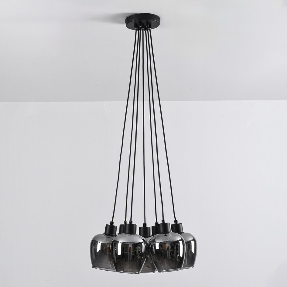 Suspension 7 lumières noire avec verre fumé - Ventura