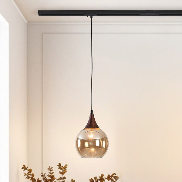 Suspension Nya pour rail monophasé, verre ambré rond et bois foncé