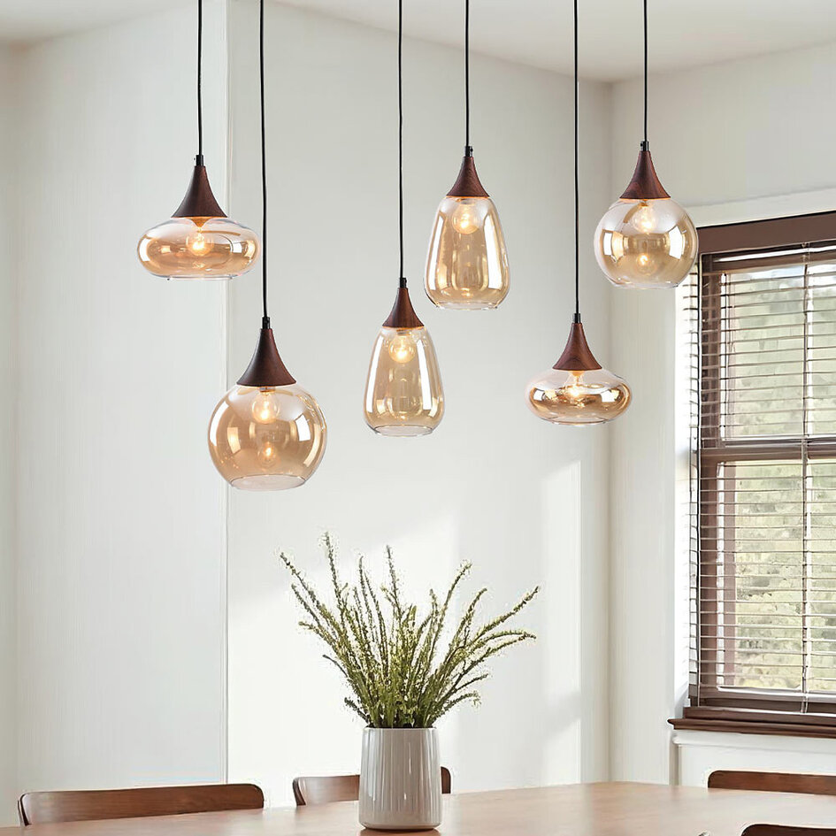 Lampe suspendue en verre ambré et aspect bois foncé, 6 lumières - Loic