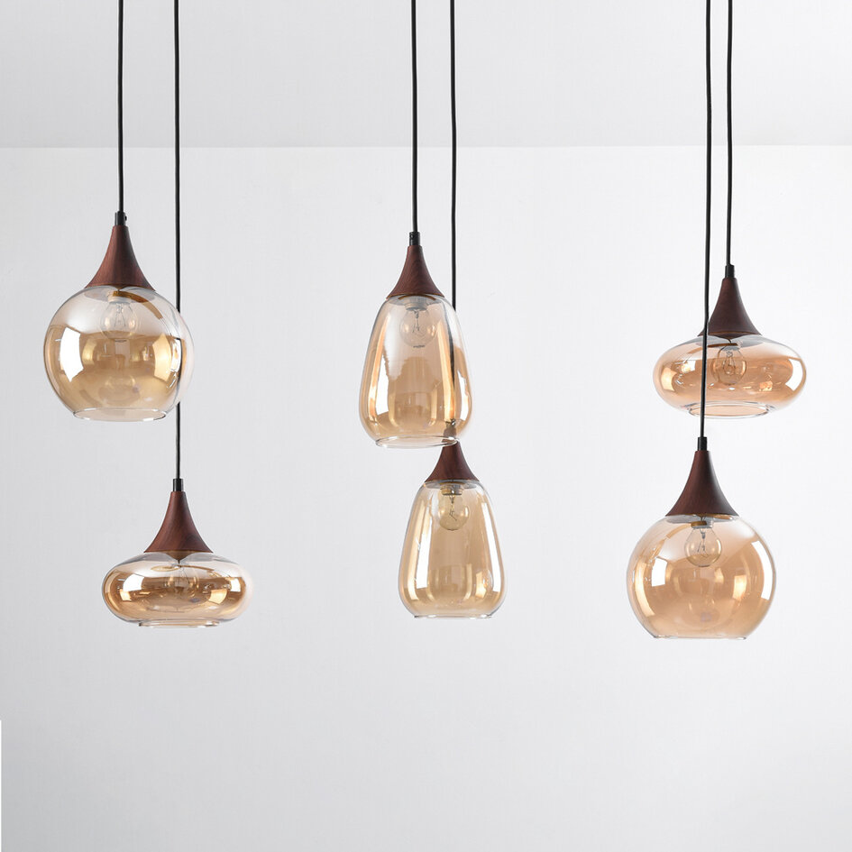 Lampe suspendue en verre ambré et aspect bois foncé, 6 lumières - Loic