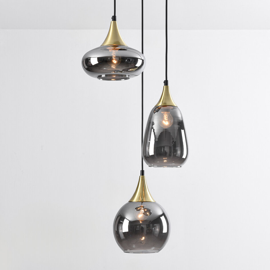 Lampe suspendue or avec verre fumé, 3 lumières - Loua
