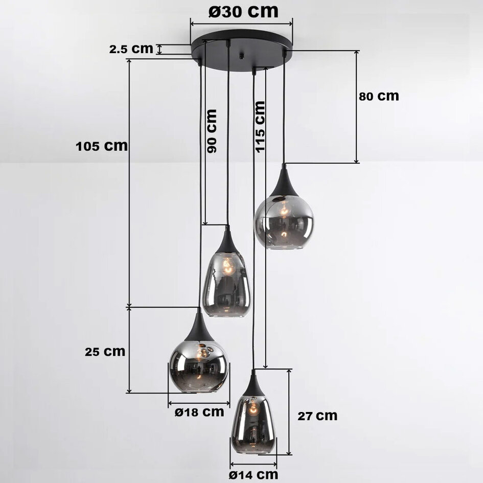Lampe suspendue Loua noir avec verre fumé, 4 lumières
