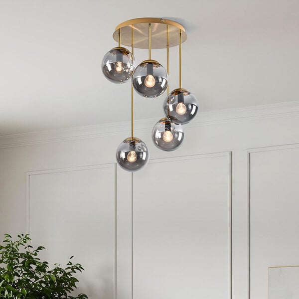 Plafonnier 5 lumières Carat - or et verre fumé
