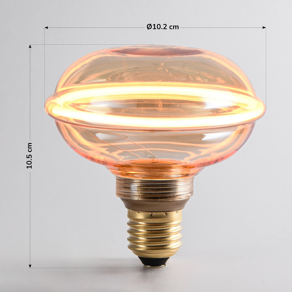 Ampoule à filament UFO E27 4W dimmable, Ø10 cm, 1800K, verre ambré avec anneau horizontal