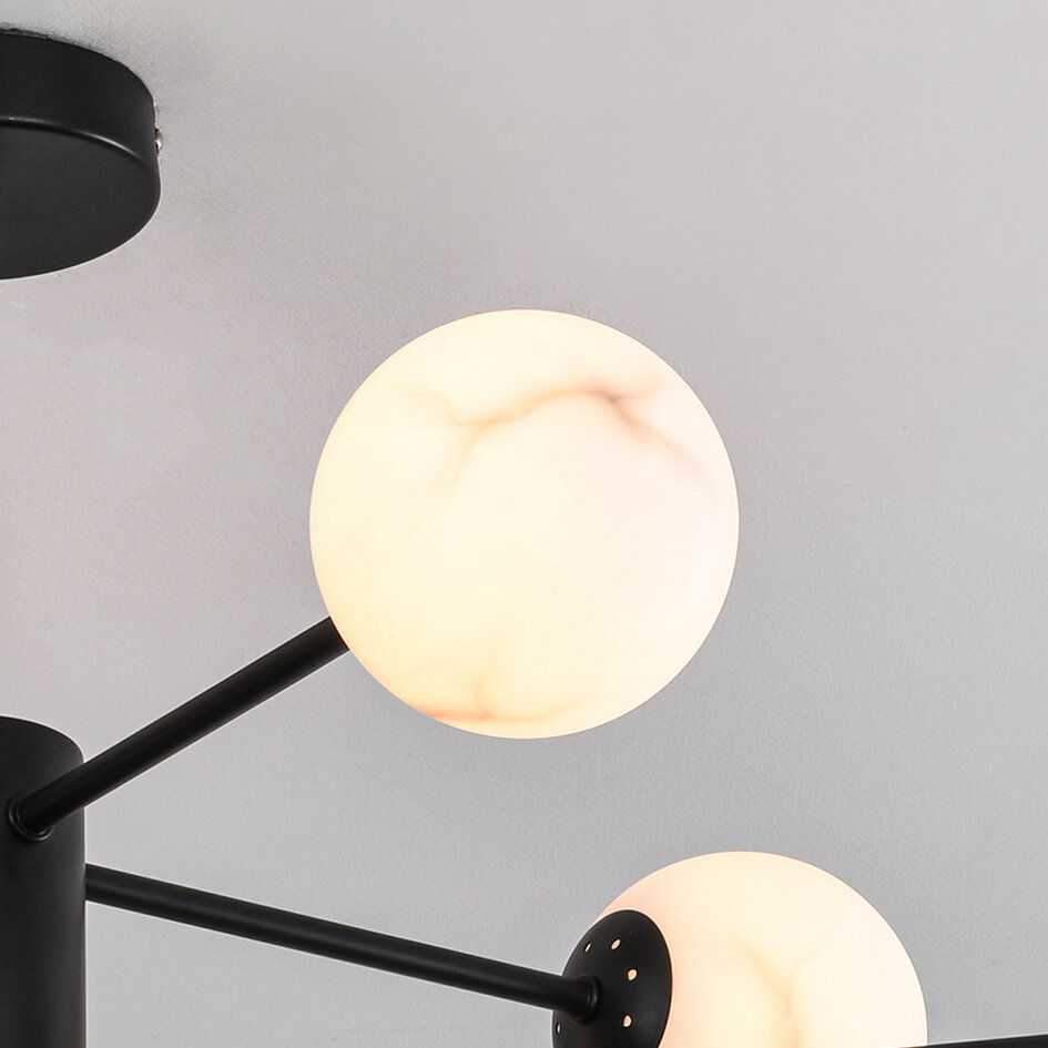 Plafonnier design noir mat avec sphères en marbre, 8 lumières - Idaho