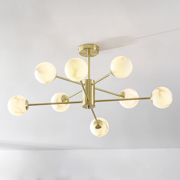 Plafonnier Design sand gold avec sphères en marbre, 8 lumières - Idaho