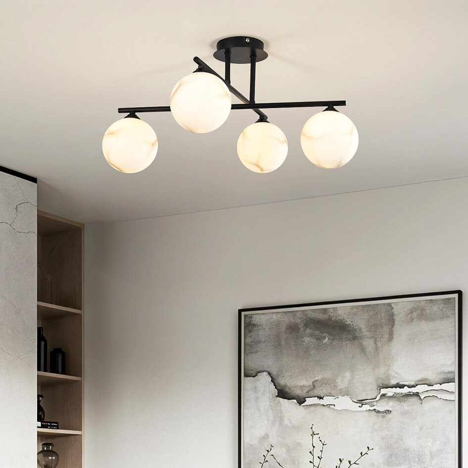 Plafonnier moderne noir mat avec sphères en marbre, 4 lumières - Nymo