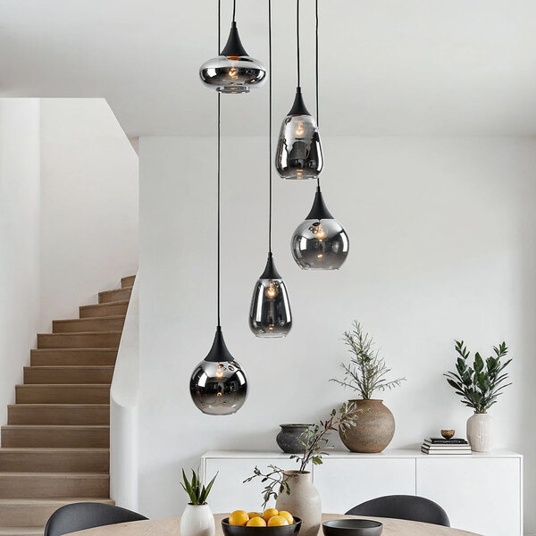 Lampe suspendue noire Loua avec verre fumé, 5 lumières