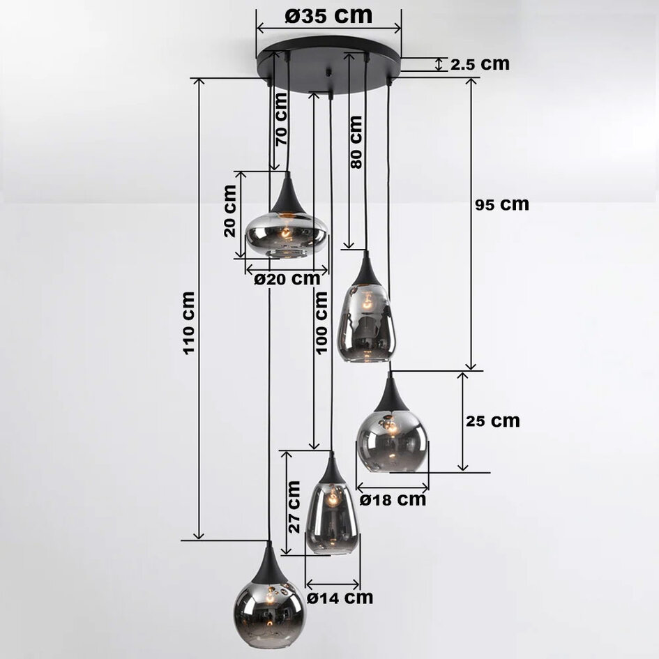 Lampe suspendue noire Loua avec verre fumé, 5 lumières