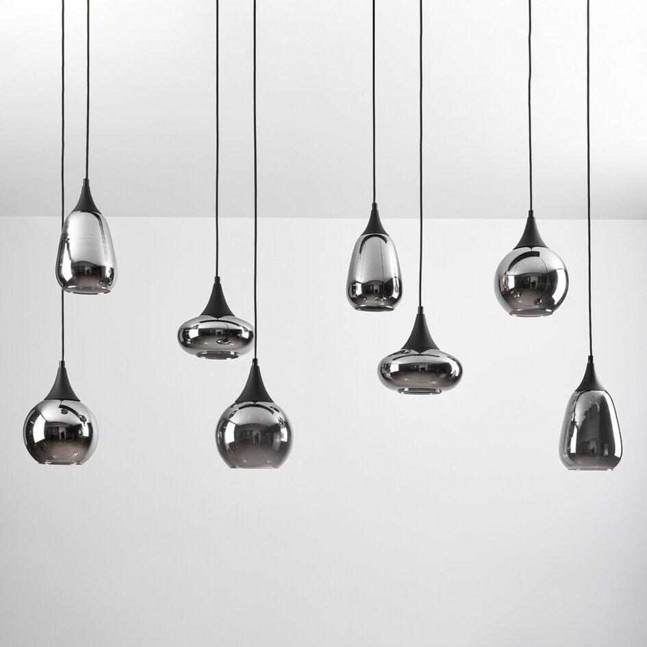 Lampe suspendue noire avec verre fumé, 8 lumières - Loic
