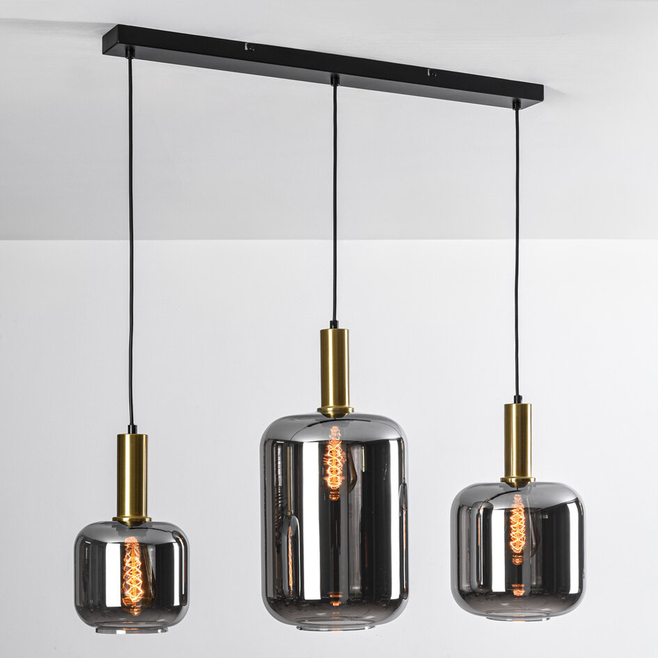 Lampe suspendue Tectos à 3 lumières, noir et or, avec verre fumé