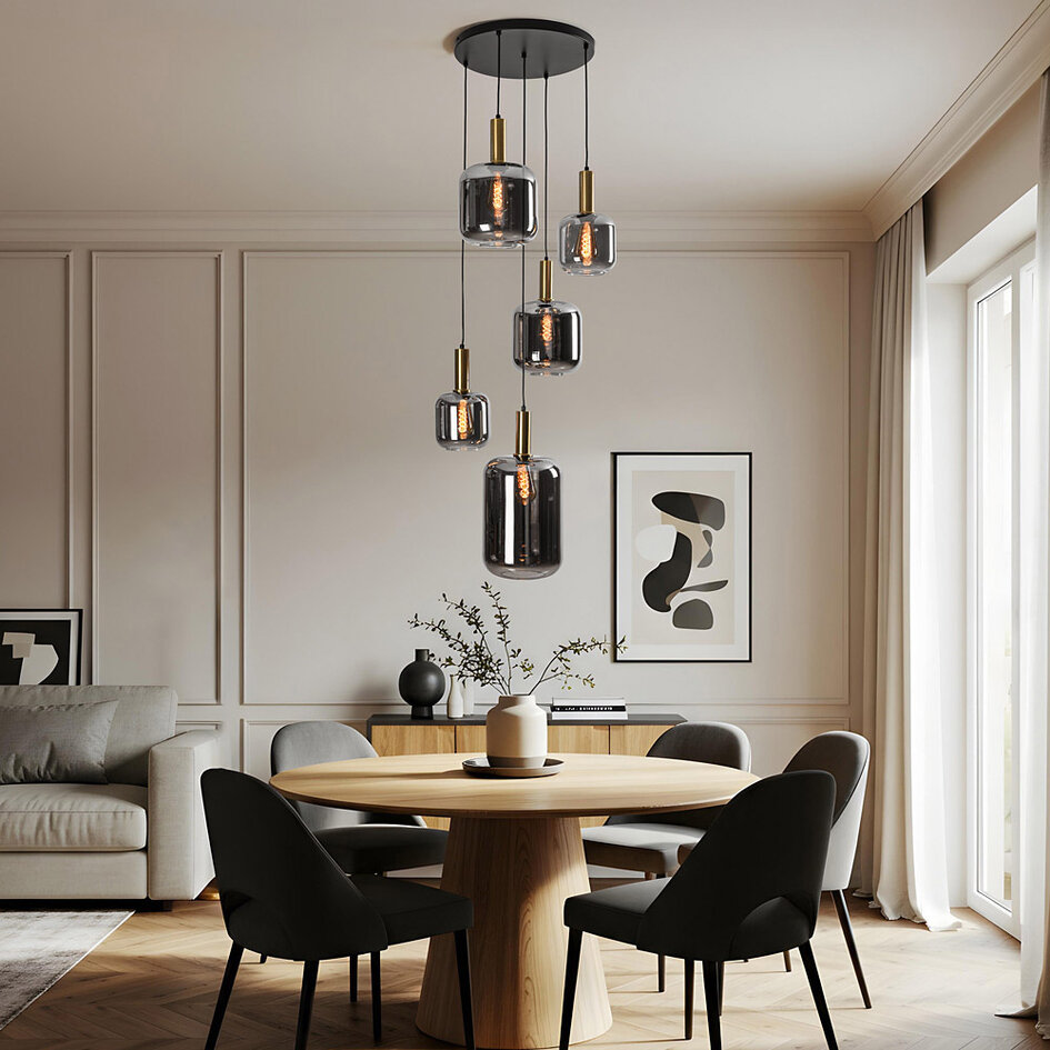 Lampe suspendue design noire avec verre fumé et détails dorés, 5 lumières - Cinque