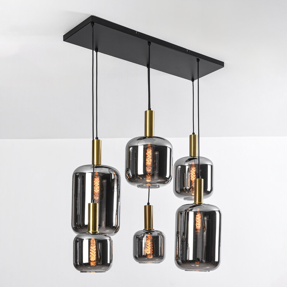 Lampe suspendue moderne noire avec or et verre fumé, 6 lumières - Sei
