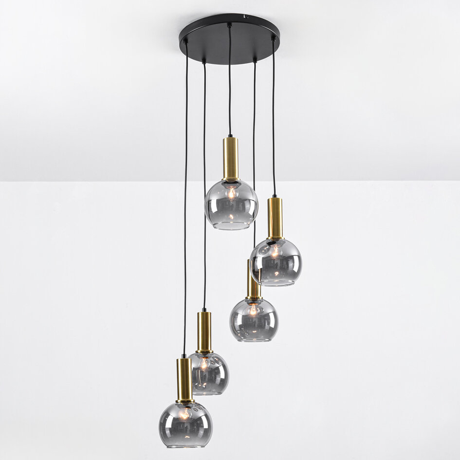 Lampe suspendue design Imme or avec verre fumé, 5 lumières