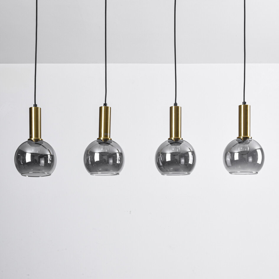 Lampe suspendue Imke noir avec détails dorés et verre fumé, 4 lumières