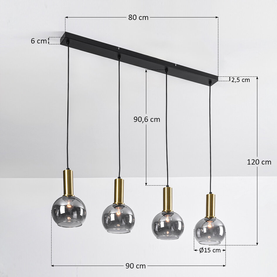 Lampe suspendue Imke noir avec détails dorés et verre fumé, 4 lumières