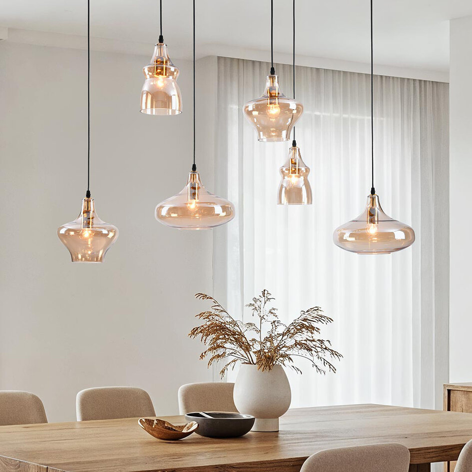 Lampe suspendue design à 6 lumières Trinidad noir avec verre ambré