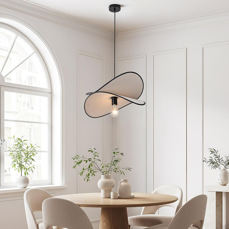 Lampe à suspension design Sapca, lin blanc avec des accents noirs