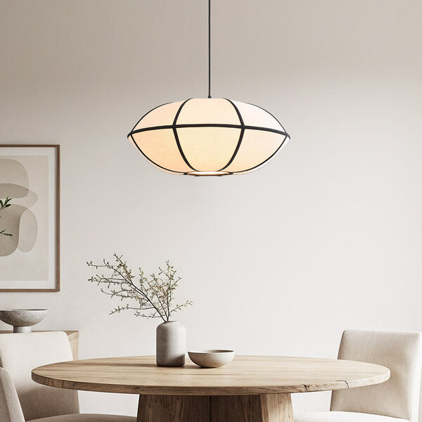 Lampe suspendue minimaliste en lin Ovala - blanc avec accents noirs