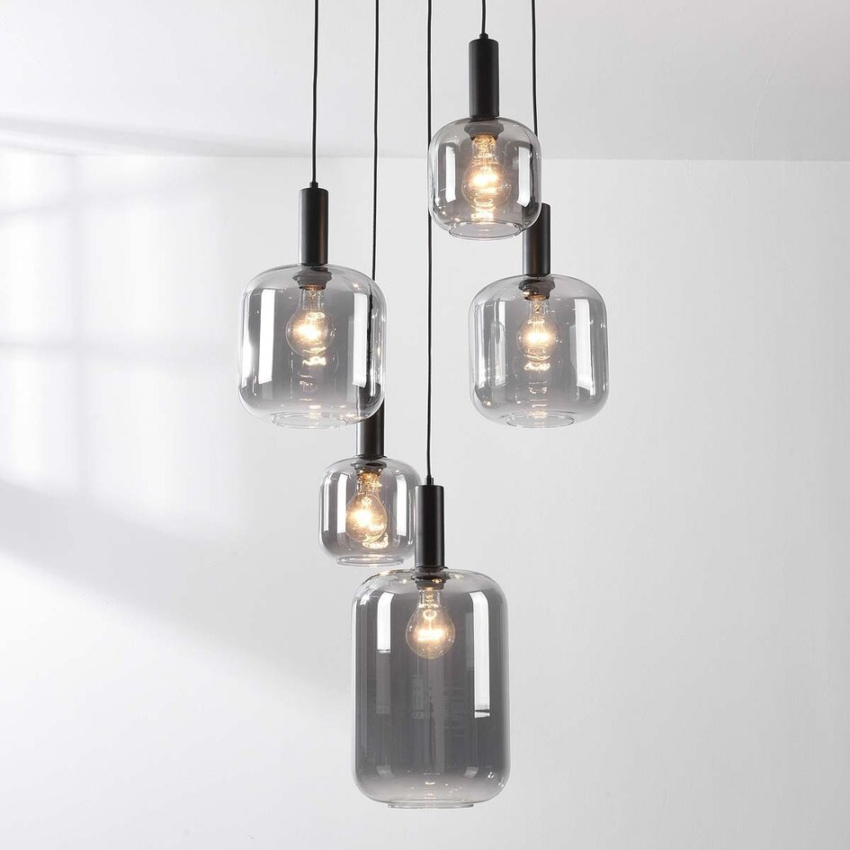Lampe suspendue Rustique 5 lumières avec verre fumé et fixation noire